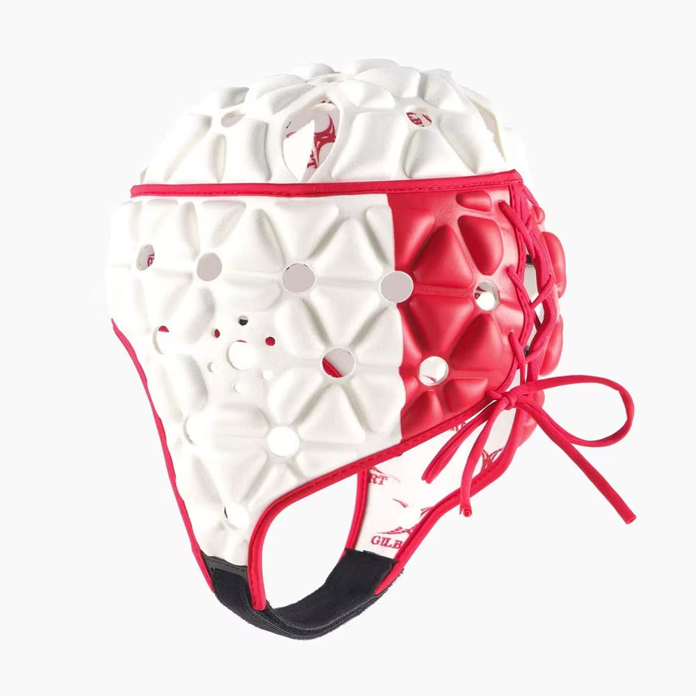 Caschetto da rugby Gilbert AIR bianco e rosso con lacci per la chiusura.