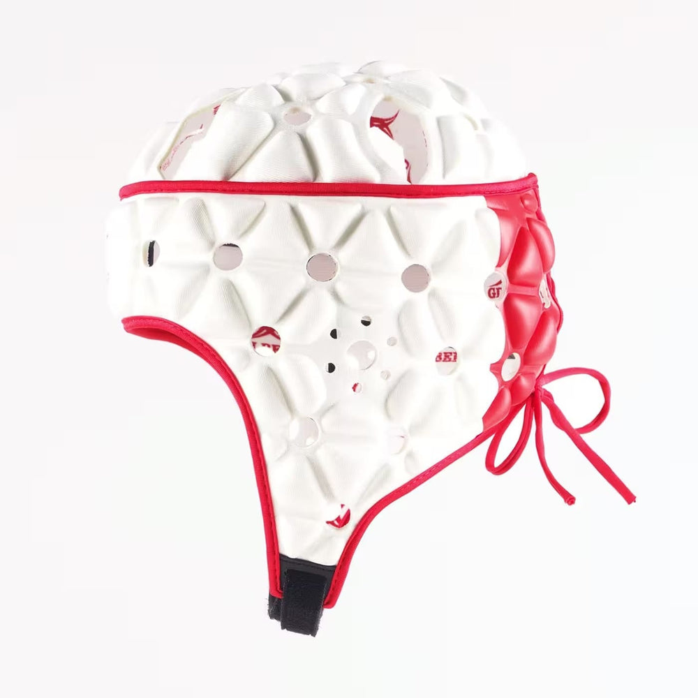 Caschetto da rugby Gilbert AIR bianco e rosso con lacci e imbottitura protettiva.