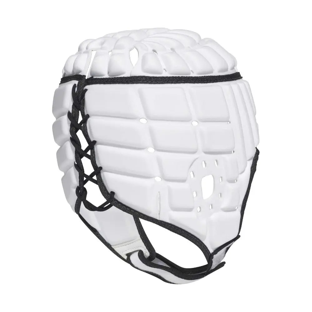 Caschetto da rugby Adidas bianco, modello PRO, con lacci neri per un fit sicuro.