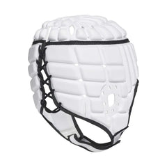 Caschetto da rugby Adidas bianco, modello PRO, con lacci neri per un fit sicuro.