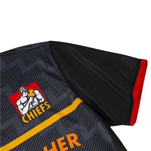 Maglia da allenamento da rugby dei Chiefs per bambini: design Pro Home in nero e oro con logo della squadra