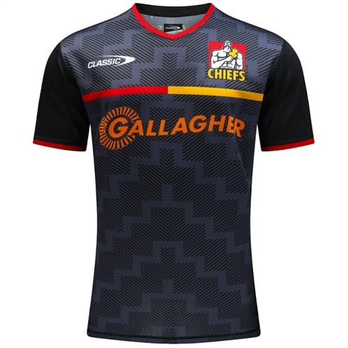 Maglia da allenamento per rugby dei Chiefs: maglia da rugby per ragazzi nera e rossa con logo dello sponsor Gallagher