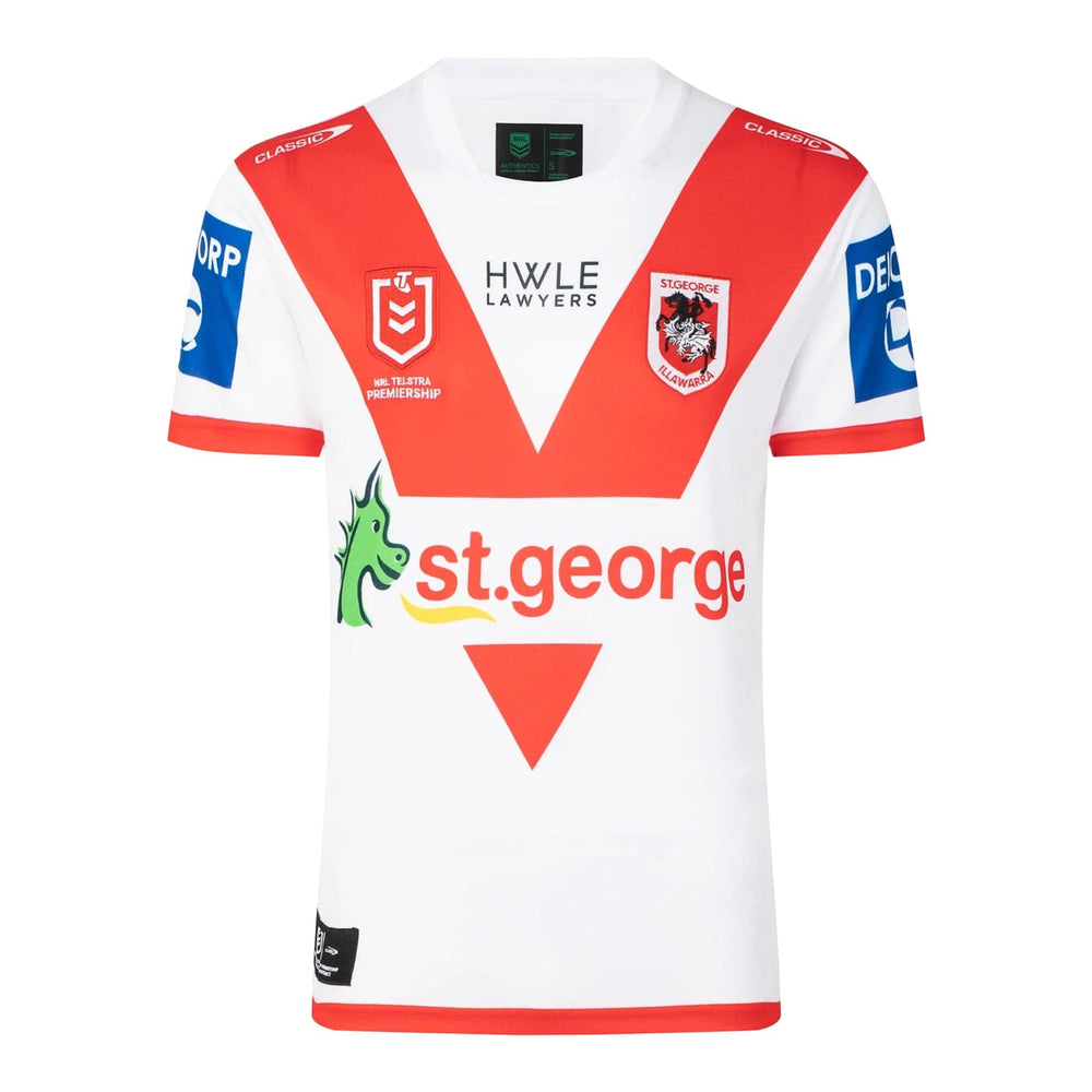 Maglia da casa NRL dei St. George Illawarra Dragons: maglia ufficiale da rugby della squadra, bianca con dettagli rossi, con logo della squadra e sponsor