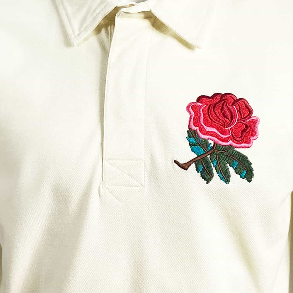 Polo vintage della nazionale inglese di rugby 1991-92: maglietta da rugby in cotone color crema con emblema a forma di rosa ricamato.