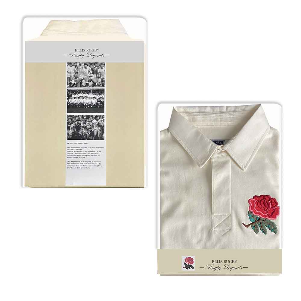 Maglia Rugby Inghilterra Vintage Classic: Maglia da rugby color crema con rosa ricamata, presentata in confezione regalo. Classica maglia da rugby inglese.