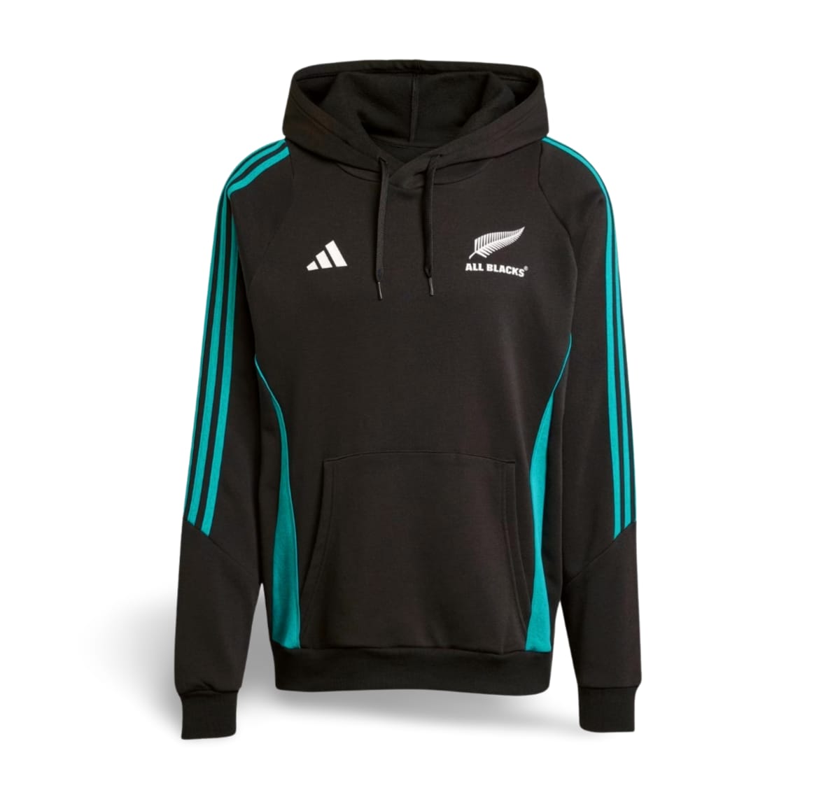 Felpa All Blacks con cappuccio, logo e bande laterali verde acqua su sfondo nero.