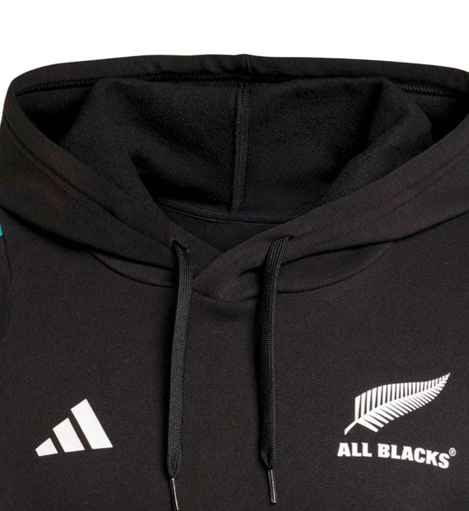 Felpa nera con cappuccio All Blacks Rugby, dettagli verde acqua e logo bianco.