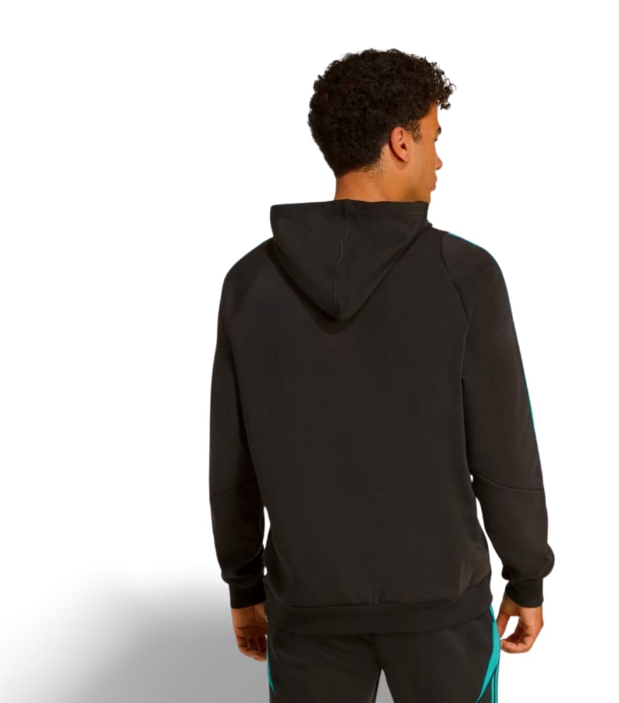 Felpa All Blacks Rugby con cappuccio, nera con dettagli verde acqua, vista posteriore.