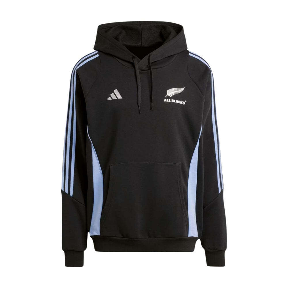 Felpa con cappuccio nera All Blacks Adidas, dettagli azzurri, logo All Blacks.