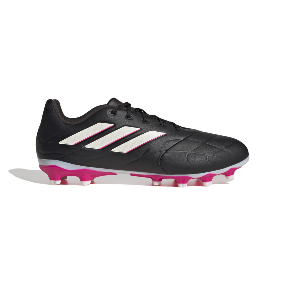 Adidas Copa Pure .3 MG: scarpe da calcio nere con strisce bianche e dettagli rosa. Perfette per il campo.