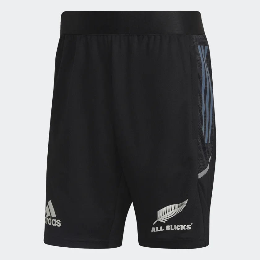 Pantaloncini da rugby All Blacks Adidas neri con logo e strisce laterali.