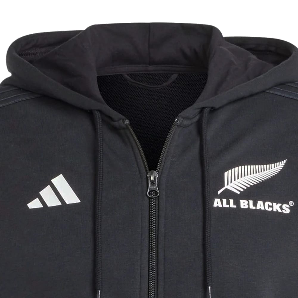Felpa nera con cappuccio e zip lunga All Blacks, logo Adidas.