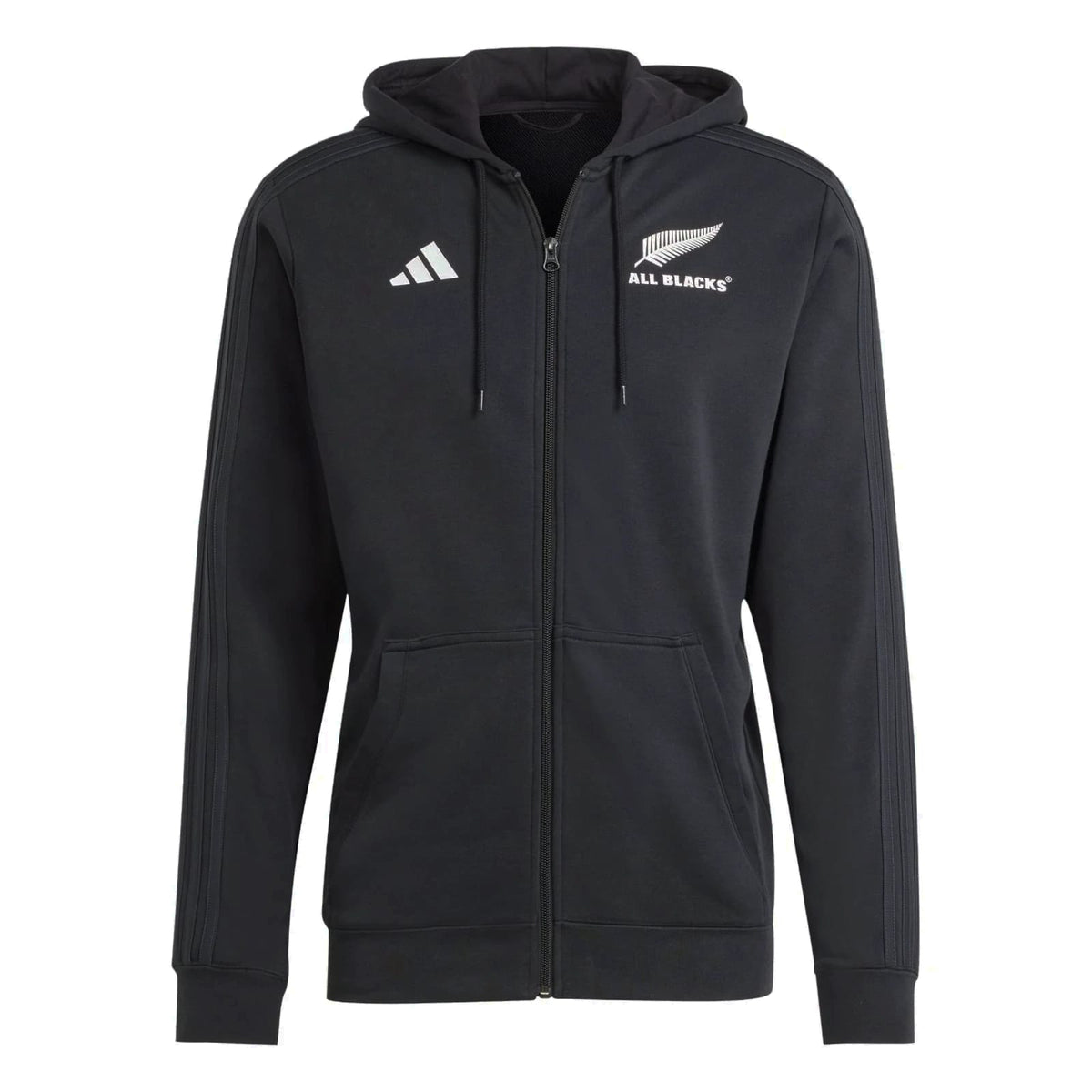 Felpa con cappuccio nera All Blacks 2024 con zip lunga e logo bianco.