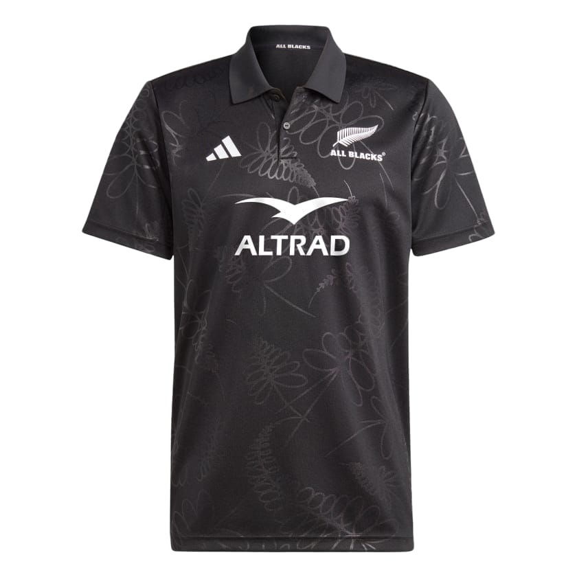 Polo da rugby All Blacks 2024 nera con logo Adidas e Altrad