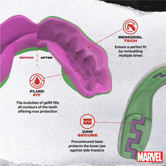 Paradenti Safejawz Hulk Marvel: rimodellabile, con tecnologia Fluid Fit per massima protezione.