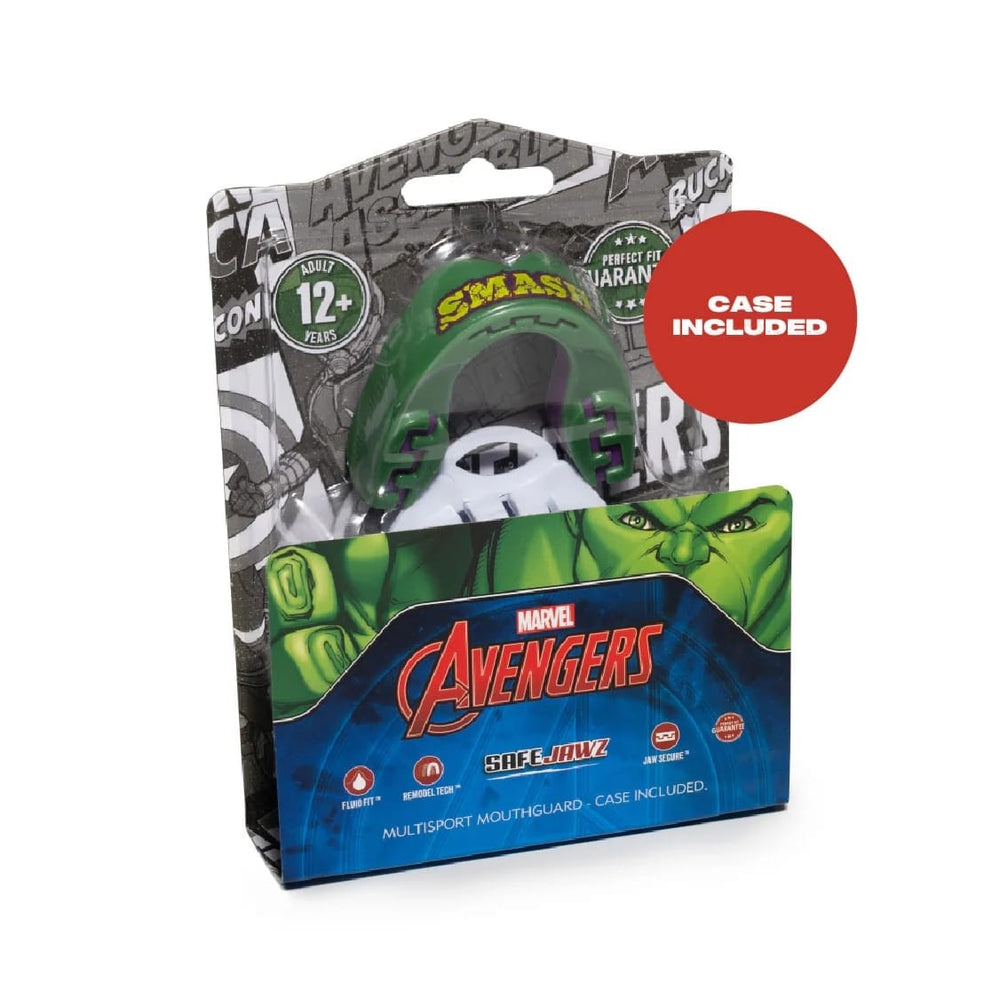Paradenti Safejawz Marvel Hulk per adulti, colore verde e nero, con custodia.