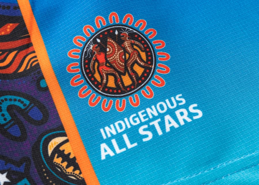 Pantaloncini da rugby Indigenous All Stars 2025 gara blu con dettaglio logo.