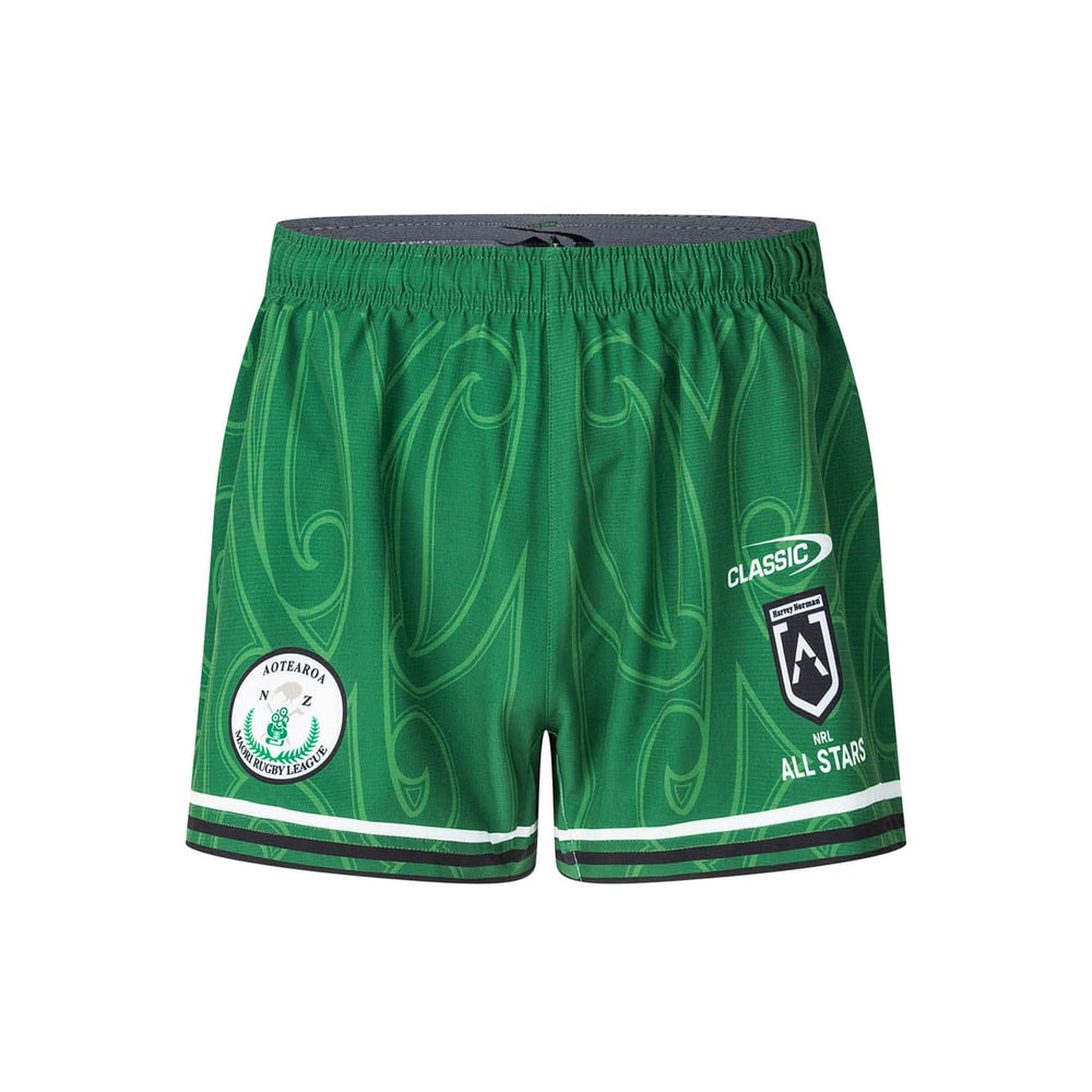 Pantaloncini rugby maori All Stars 2025 gara: Pantaloncini da rugby verdi con disegno Maori, ideali per partite o allenamenti.
