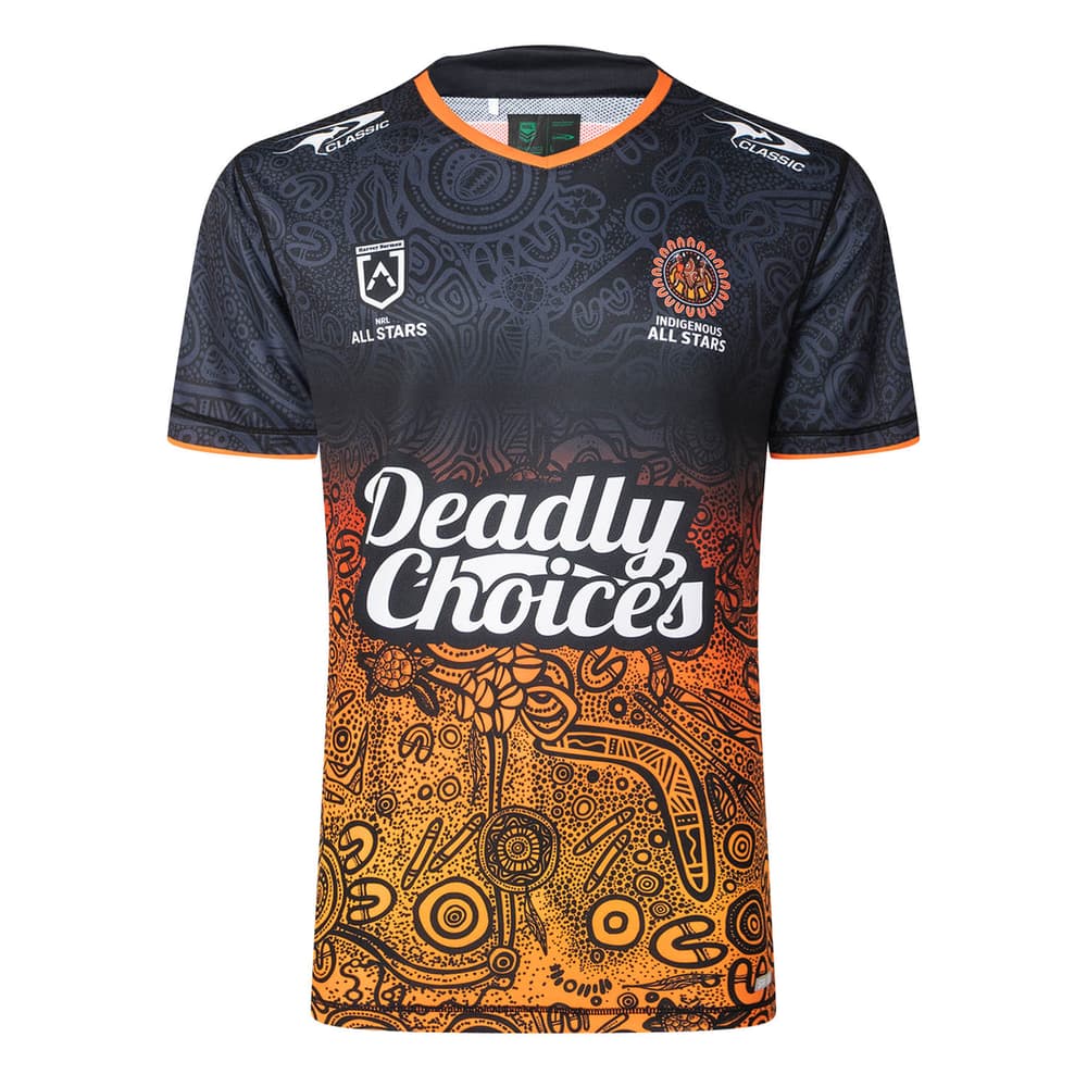 Maglia da rugby da allenamento per bambini Indigenous All Stars 2025: maglia nera e arancione con motivi artistici aborigeni, perfetta per l'allenamento.