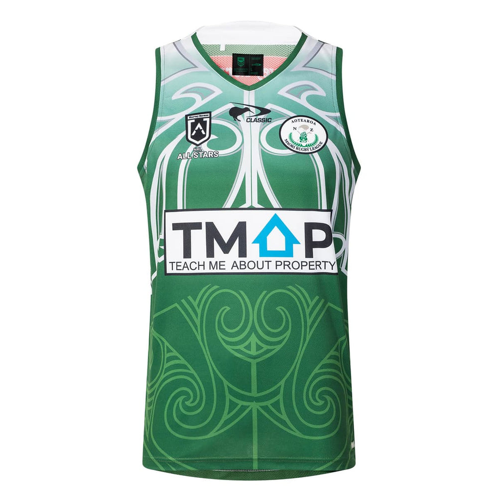 Canottiera rugby Maori NZRL All Stars 2025: Maglia da rugby verde con design Maori, perfetta per la stagione 2025.