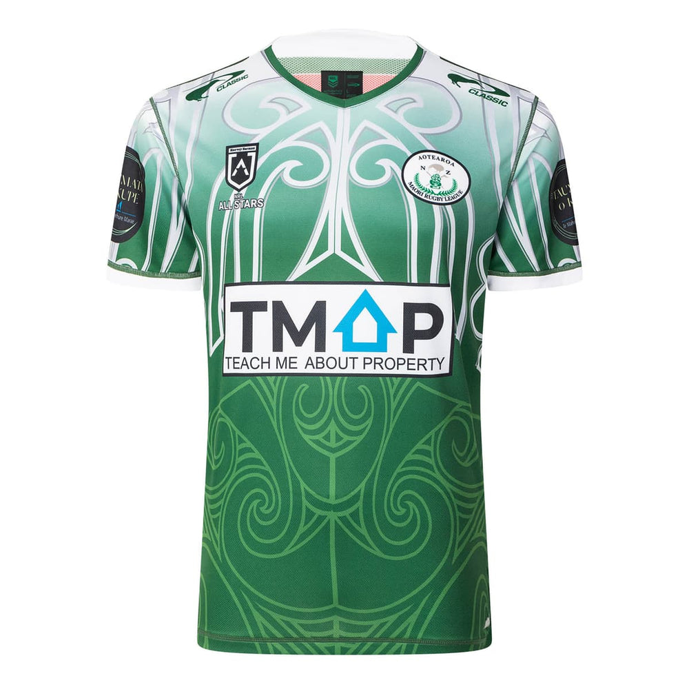 Maglietta Rugby training NZRL Maori 2025: Maglia da rugby verde con motivo Maori, perfetta per l'allenamento. NZRL All Stars.