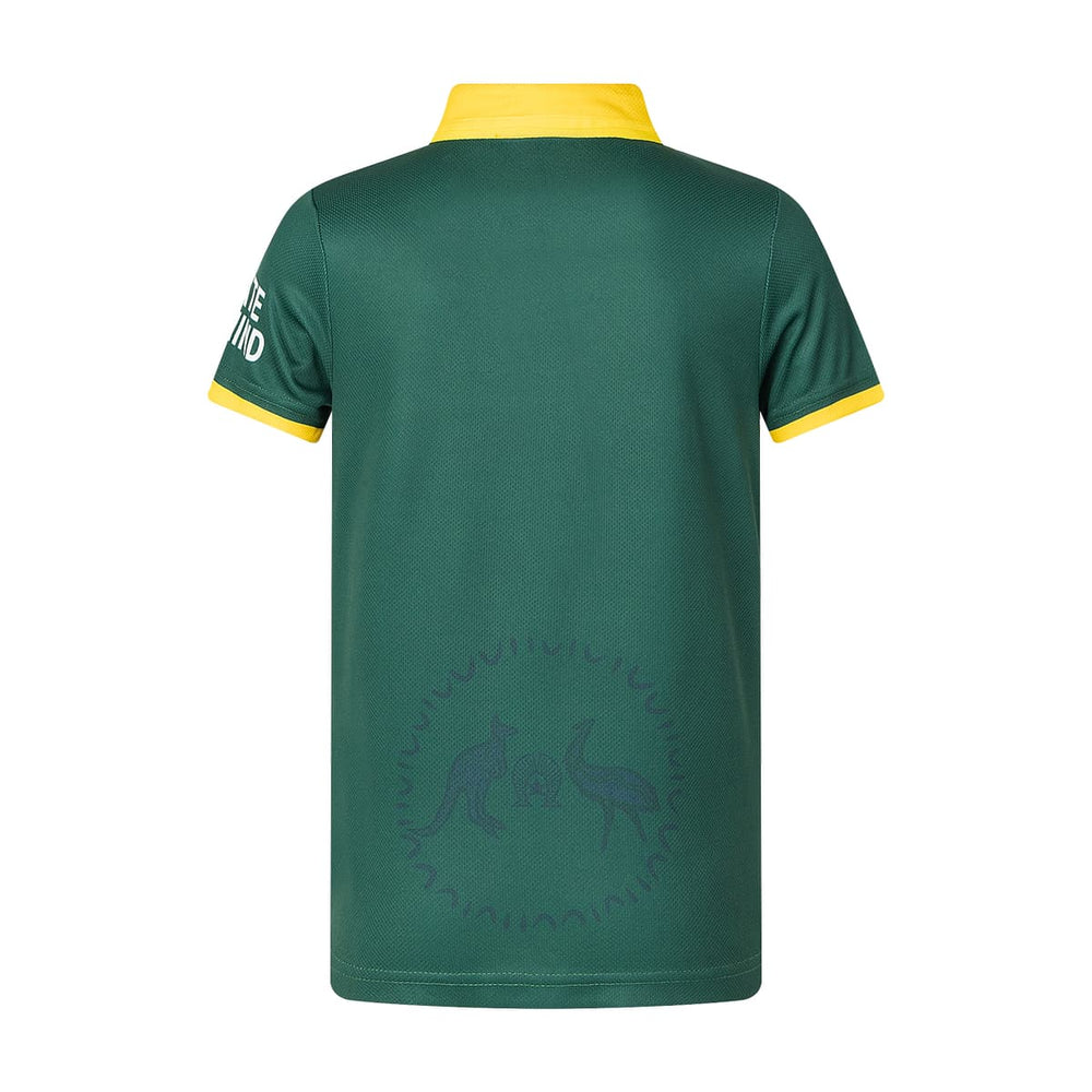 Maglia rugby Australia verde con colletto giallo, dettaglio canguro e emù sul retro.