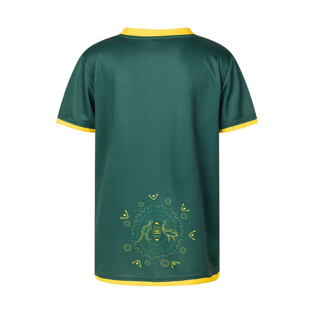 Maglia Rugby Australia Kangaroos bambino verde con stampa indigena sul retro.