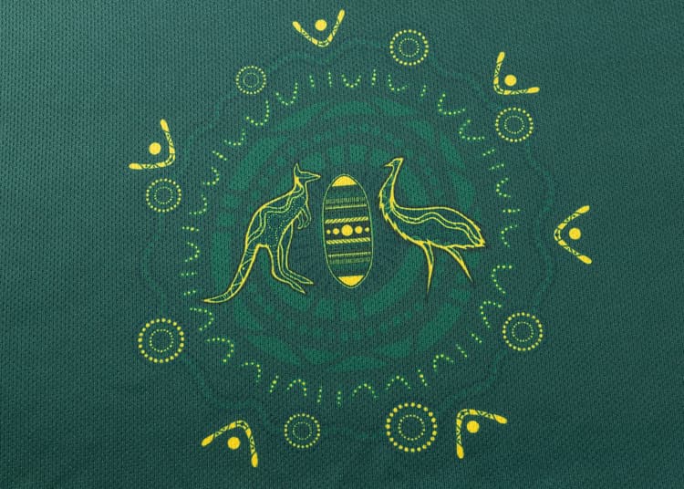 Maglia da rugby Australia bambini con stampa Indigenous: canguro, emù e simboli tribali.
