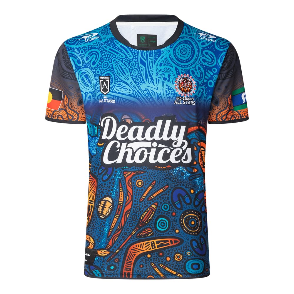 Maglia da rugby classica per bambini Indigenous All Stars 2025 con vivaci illustrazioni aborigene. Grafica "Deadly Choices".
