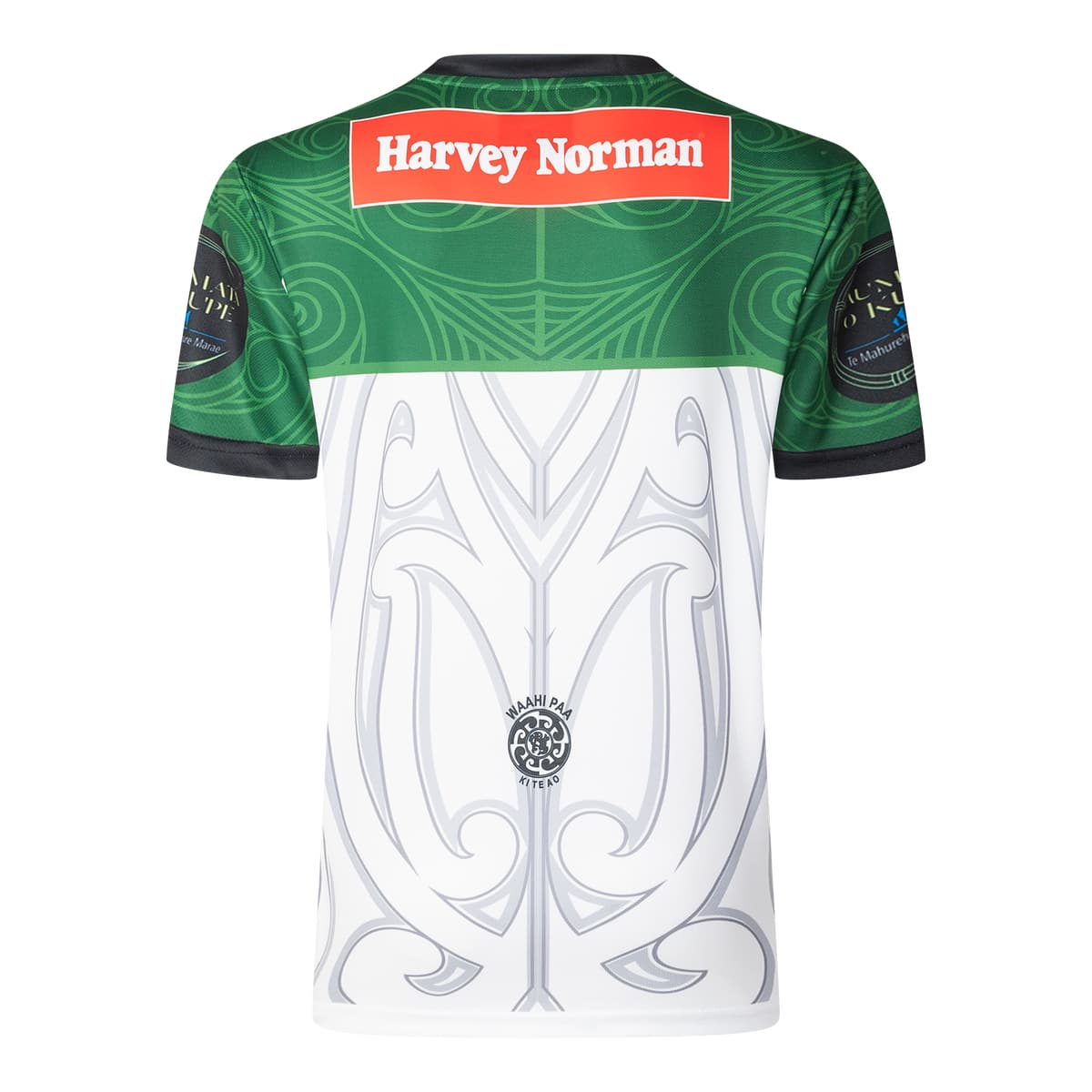 Maglia Rugby Maori All Stars NZRL 2025 Home Bambino: Maglia da rugby per bambini, design verde e bianco, motivo Maori All Blacks
