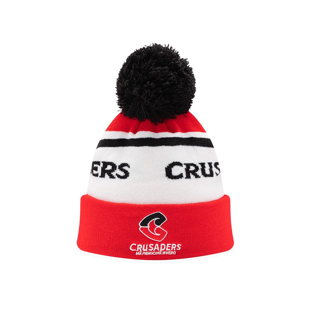 Zuccotto ufficiale Crusaders Rugby con pompon nero e logo, bianco, rosso e nero.