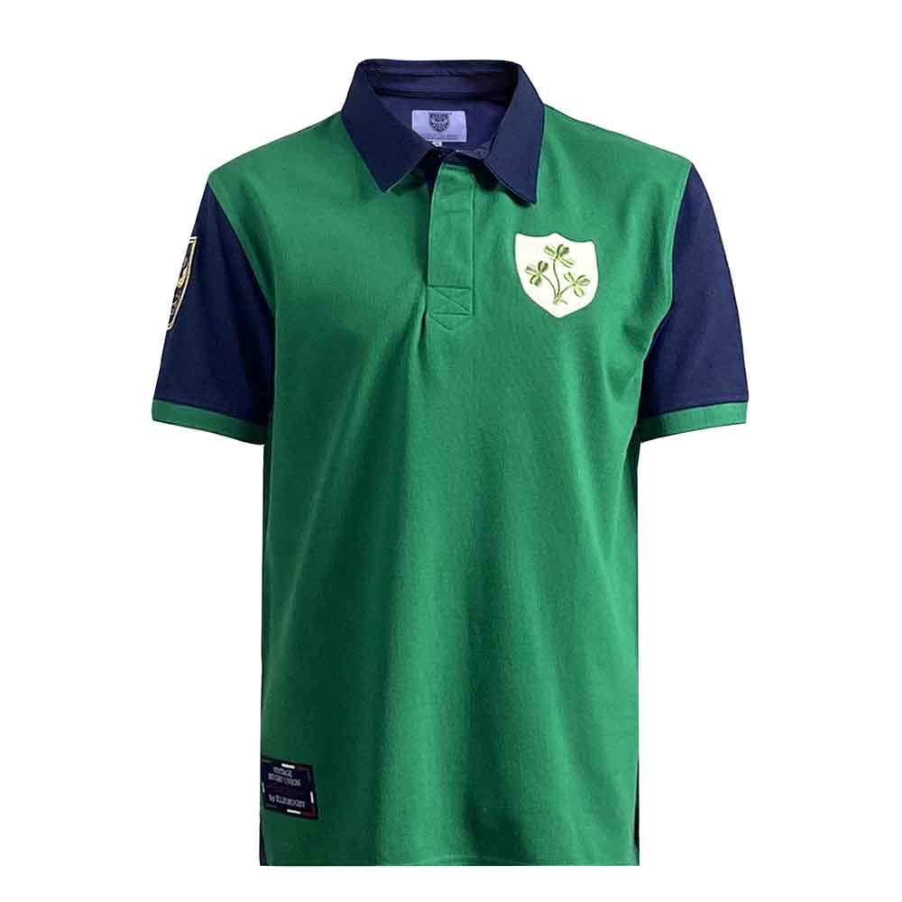 Polo da rugby verde e blu stile vintage Irlanda, con stemma trifoglio.