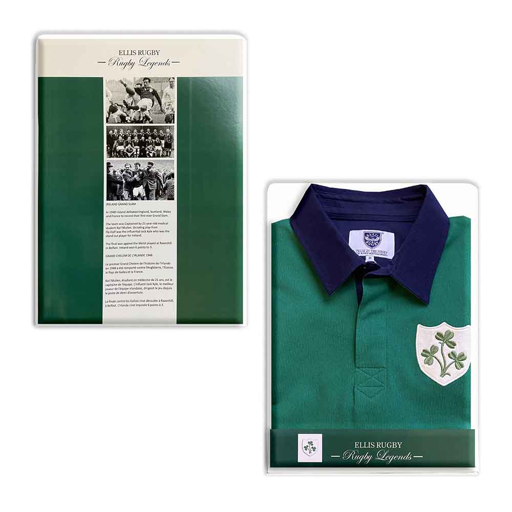 Maglia polo rugby verde Irlanda vintage 1948 con stemma trifoglio.