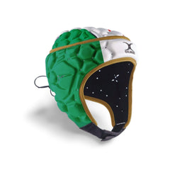 Caschetto da rugby Gilbert XP250 tricolore verde, bianco e rosso con logo Gilbert.