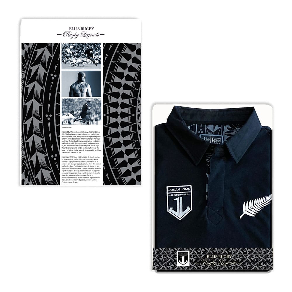 Polo rugby vintage Jonah Lomu 1999 Ellis Rugby, con logo bianco e nero.