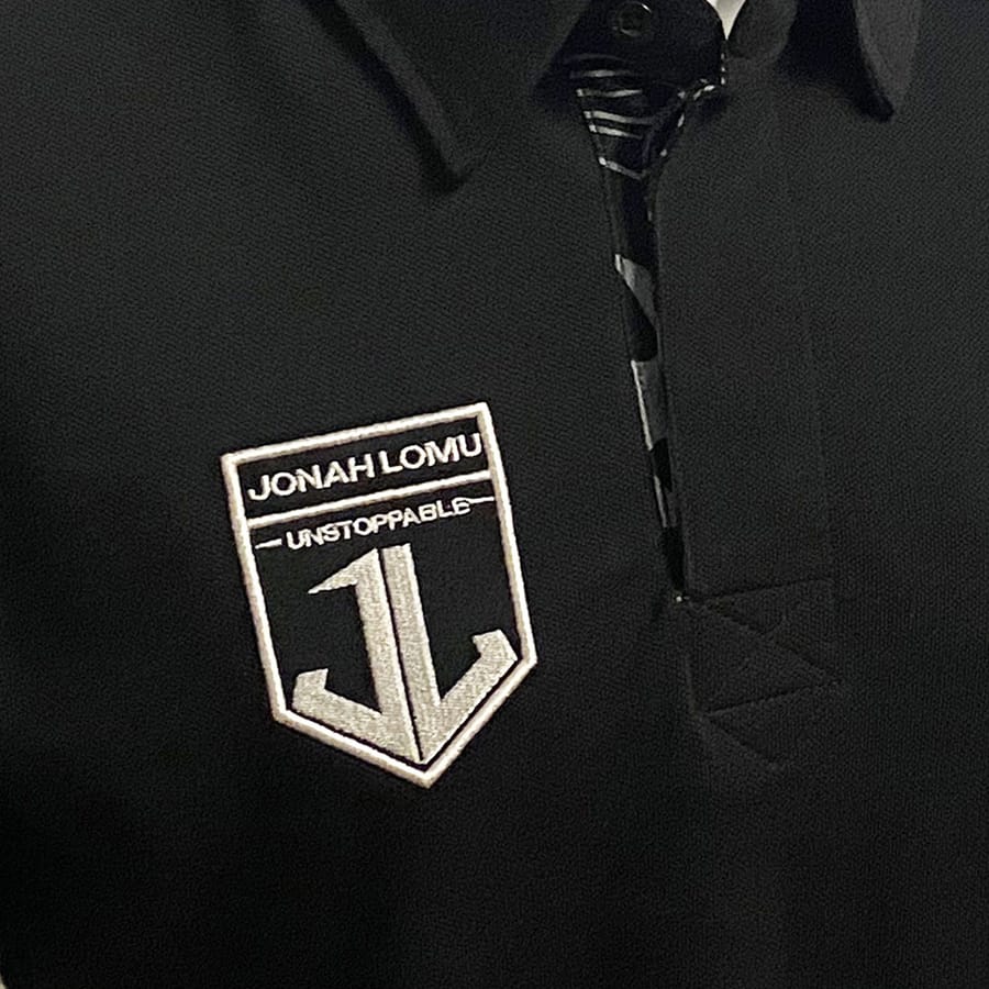 Polo rugby nera vintage Jonah Lomu 1999 Ellis Rugby con stemma.