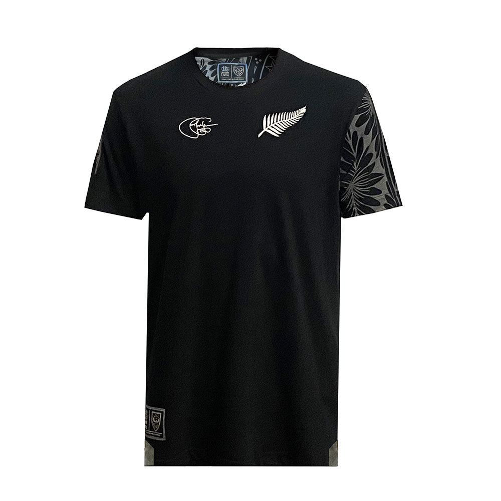 Maglia da rugby nera vintage "Origin" Ellis Rugby con logo All Blacks e disegno floreale.