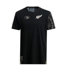 Maglia da rugby nera vintage "Origin" Ellis Rugby con logo All Blacks e disegno floreale.