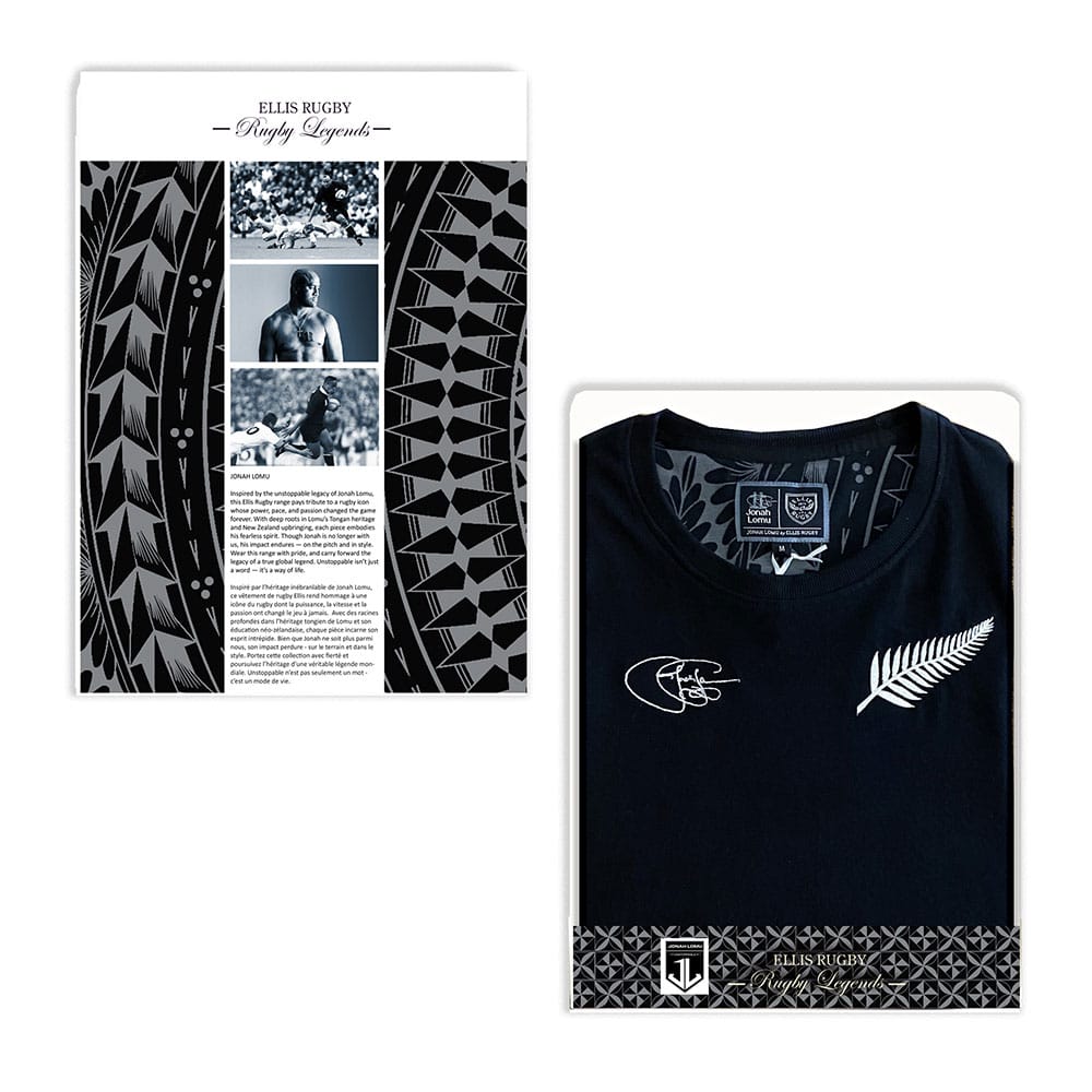 T-shirt rugby nera Ellis Rugby vintage "Origin" con logo All Blacks e disegno ispirato a Jonah Lomu.