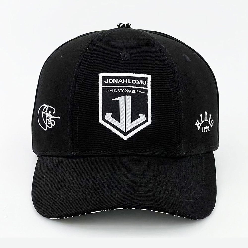 Cappellino da rugby nero Jonah Lomu "Unstoppable" con logo sul fronte.