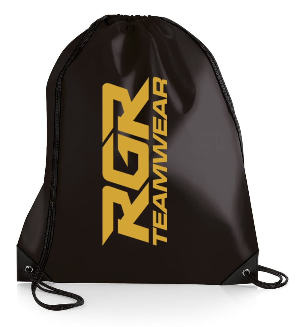 Sacca da palestra RGR Teamwear in nylon nero con logo giallo.