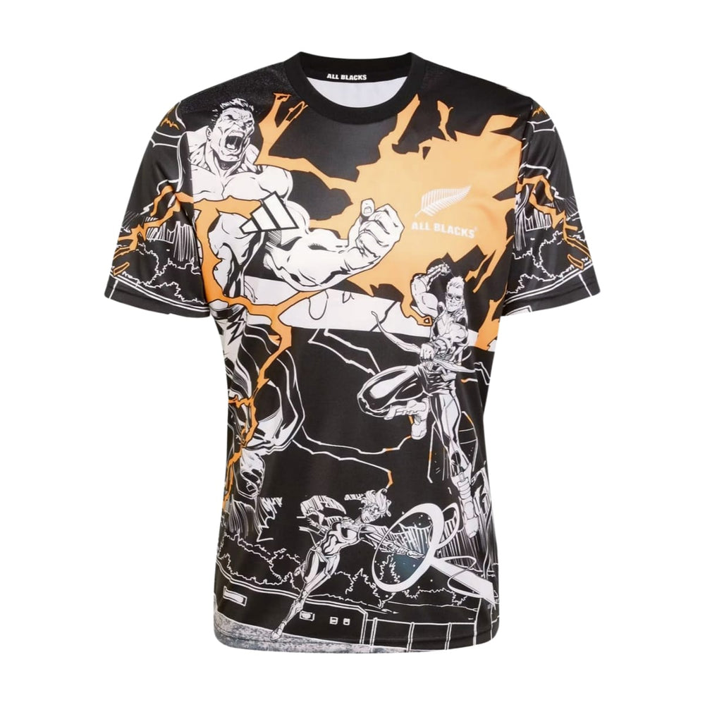 Maglia rugby All Blacks Marvel Cap Run con stampa fumetti e logo.