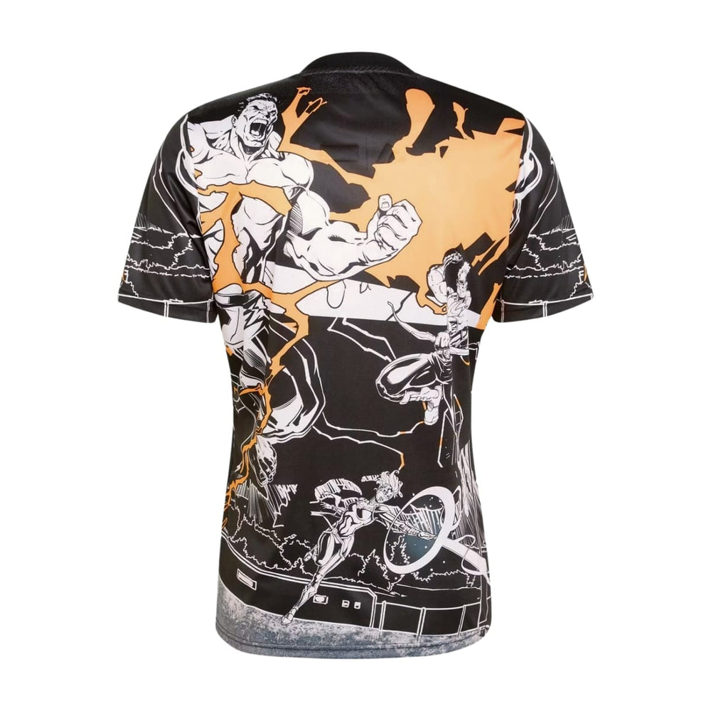 Maglia da rugby All Blacks Marvel 2026 Cap Run con Hulk e altri supereroi.