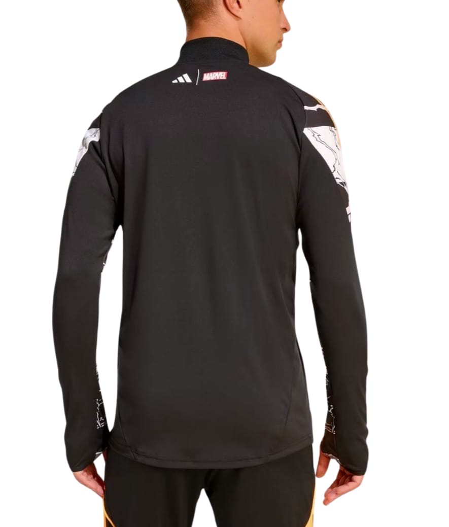Maglia Allenamento Rugby Marvel Mezza Zip All Blacks nera con dettagli grafici.
