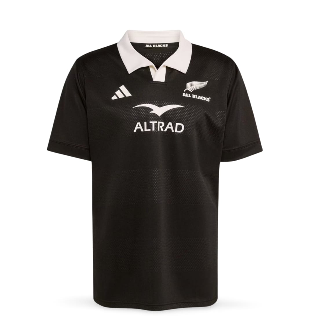 Maglia da rugby All Blacks Home 2026 Adidas per bambino, nera con colletto bianco.