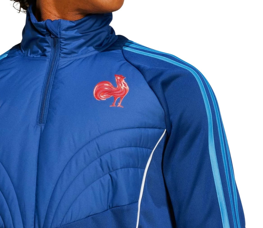 Felpa tecnica invernale Adidas Rugby Francia blu con gallo stilizzato rosso.