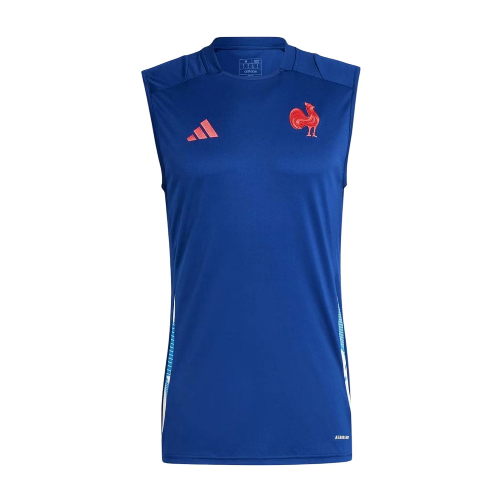 Canottiera da rugby Adidas ufficiale Francia blu FFS, smanicata, con logo gallo rosso.