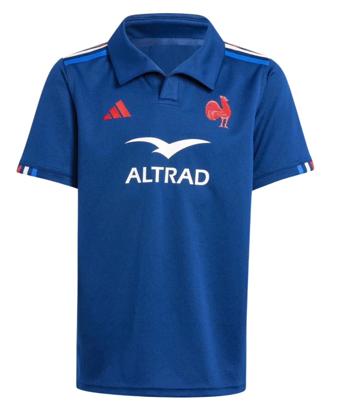 Adidas Maglia Rugby Francia Ufficiale Bambino home 2025: Maglia ufficiale blu da rugby francese per bambini con logo Adidas, gallo francese e sponsor Altrad.