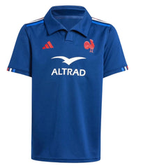 Adidas Maglia Rugby Francia Ufficiale Bambino home 2025: Maglia ufficiale blu da rugby francese per bambini con logo Adidas, gallo francese e sponsor Altrad.