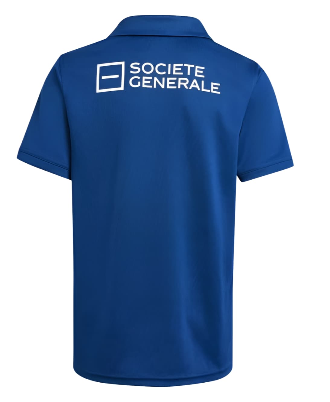 Polo Adidas blu royal, vista posteriore, con logo Société Générale. Maglia da rugby francese per bambini, stagione 2025